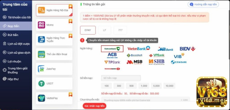 Nạp rút tiền tại vi68 vô cùng nhanh chóng